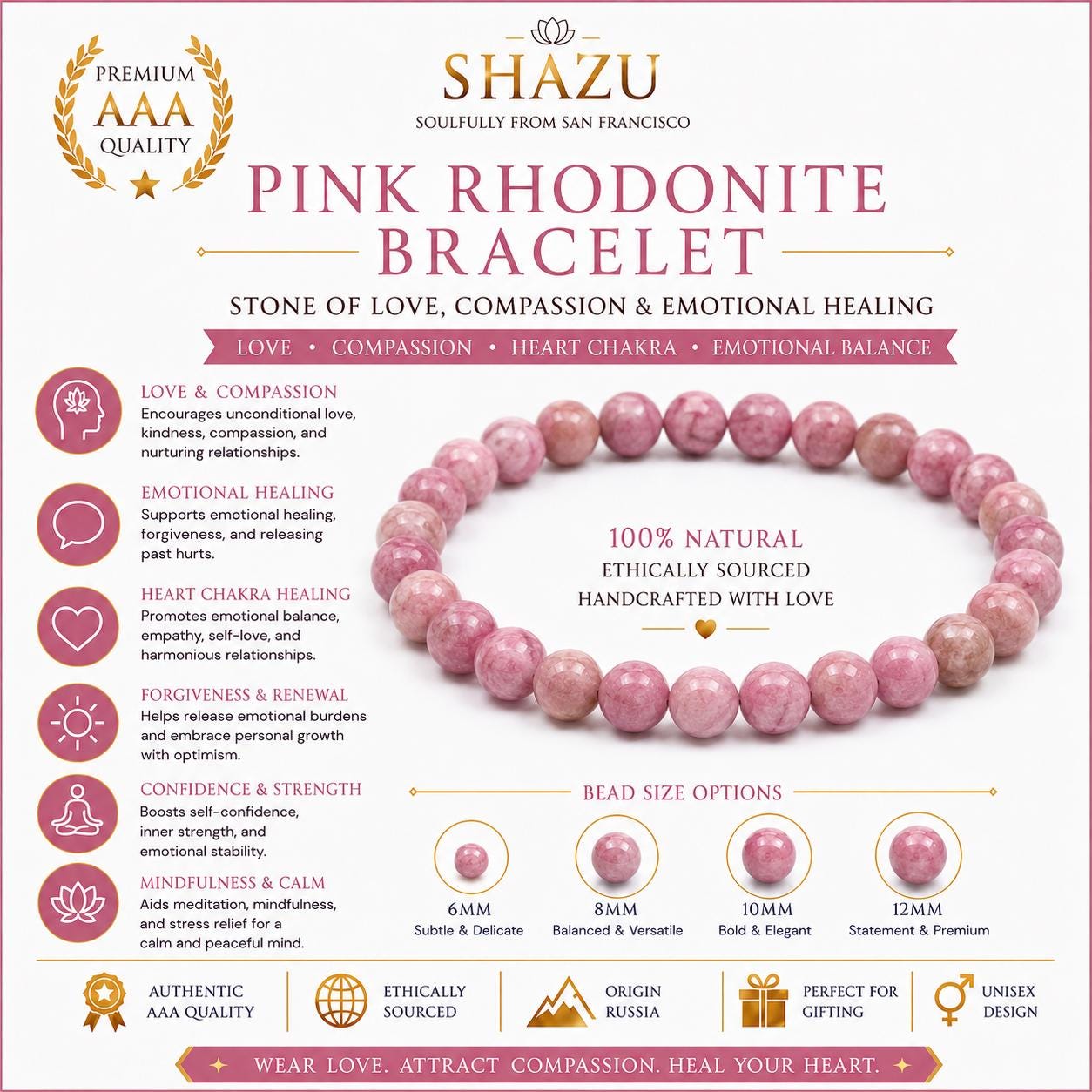 May include: A pink rhodonite beaded bracelet with natural stone variations. The image includes text detailing the product as a Pink Rhodonite Bracelet, listing benefits like love and emotional healing, and showing bead size options of 6mm, 8mm, 10mm, and 12mm.