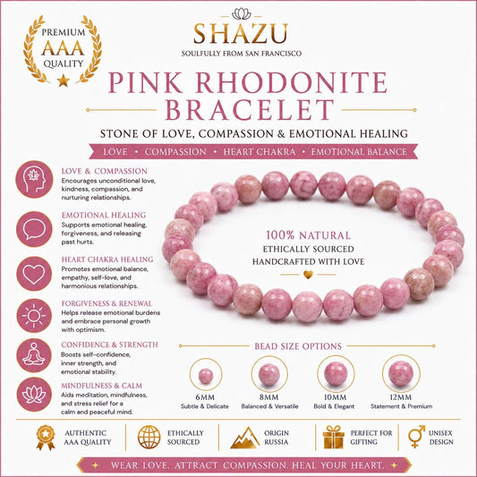 May include: A pink rhodonite beaded bracelet with natural stone variations. The image includes text detailing the product as a Pink Rhodonite Bracelet, listing benefits like love and emotional healing, and showing bead size options of 6mm, 8mm, 10mm, and 12mm.