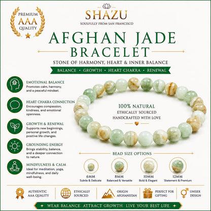 May include: A beaded bracelet made of natural Afghan jade stones in shades of light green and tan. The image includes text detailing the product as an Afghan jade bracelet, listing bead size options of 6mm, 8mm, 10mm, and 12mm, and noting it is 100% natural and ethically sourced.