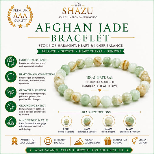 May include: A beaded bracelet made of natural Afghan jade stones in shades of light green and tan. The image includes text detailing the product as an Afghan jade bracelet, listing bead size options of 6mm, 8mm, 10mm, and 12mm, and noting it is 100% natural and ethically sourced.