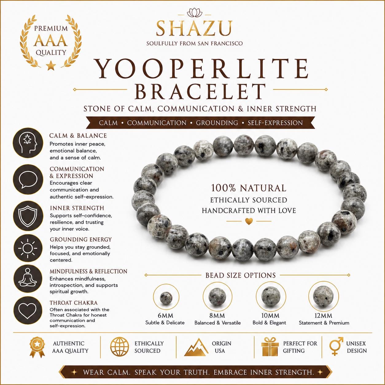 May include: A Yooperlite beaded bracelet featuring round, grey and black speckled stones. The image includes text detailing the product as 100% natural and ethically sourced, with bead size options ranging from 6mm to 12mm displayed below.