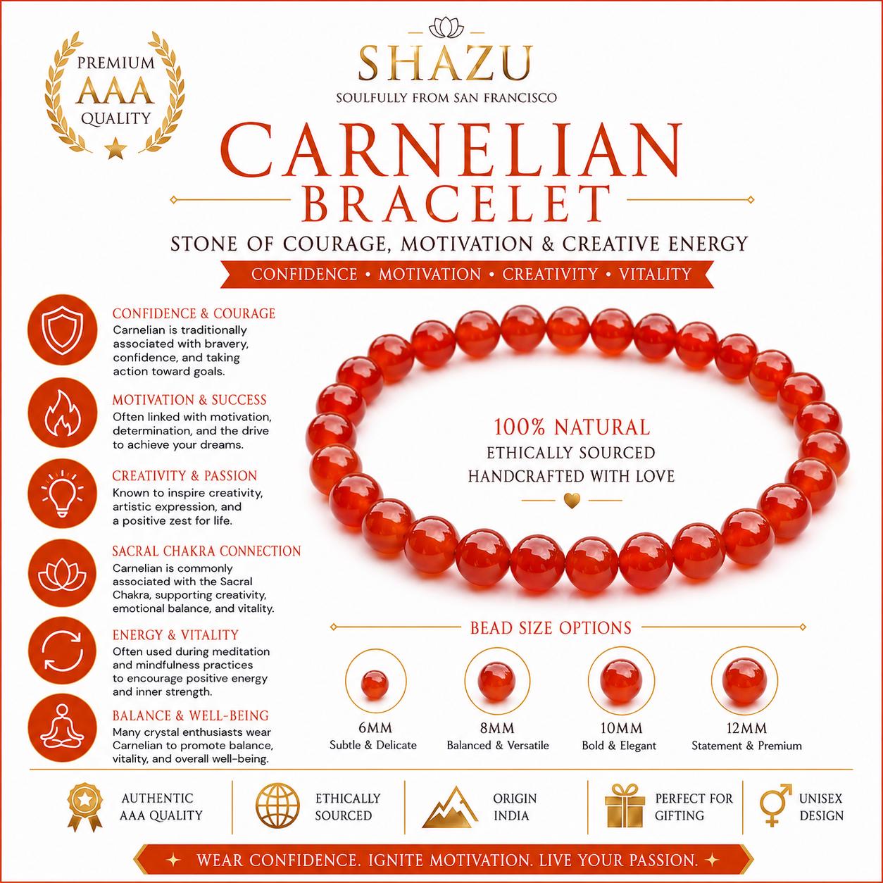 May include: A circular carnelian bracelet featuring polished orange-red beads. The image includes text detailing the stone's properties, bead size options of 6mm, 8mm, 10mm, and 12mm, and labels such as Premium AAA Quality and Ethically Sourced.