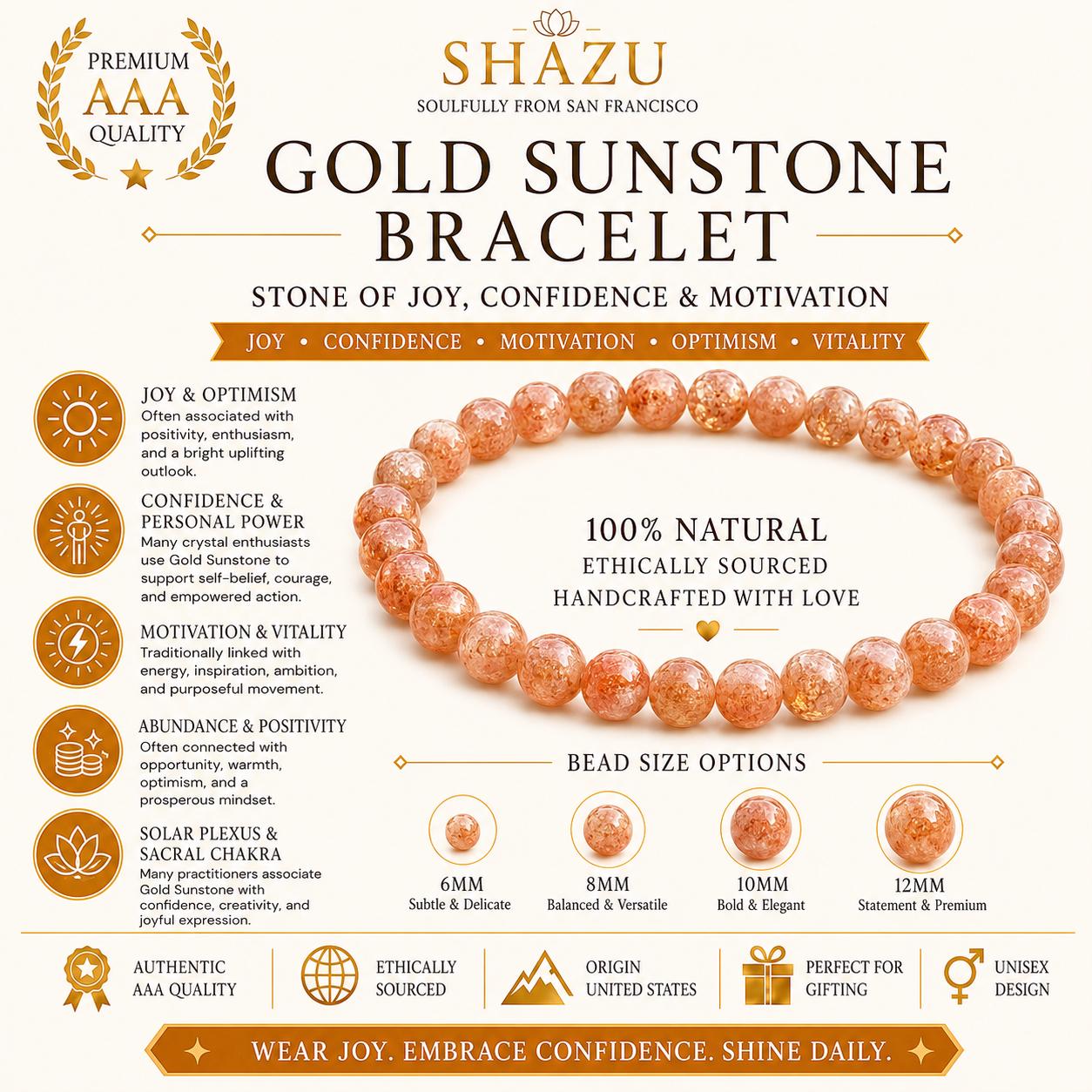 May include: A gold sunstone beaded bracelet with round, shimmering orange-toned stones. The image includes text detailing the product as 100% natural and ethically sourced, with bead size options ranging from 6mm to 12mm displayed below the bracelet.