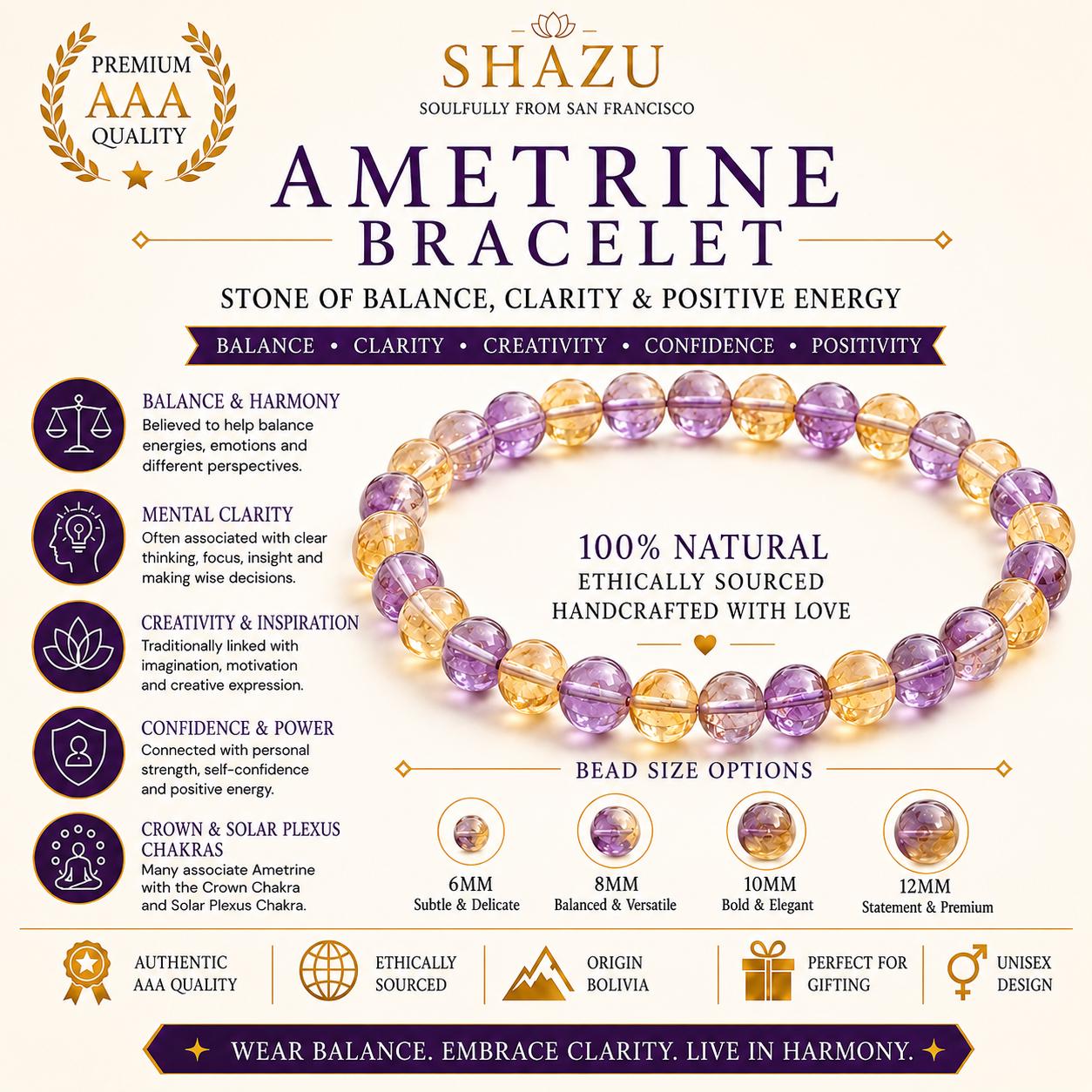 May include: A beaded bracelet featuring alternating round, faceted purple and yellow ametrine gemstones. The image includes text detailing the product as an Ametrine Bracelet, 100% natural, ethically sourced, and lists bead size options of 6mm, 8mm, 10mm, and 12mm.