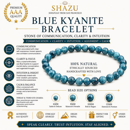 May include: A blue kyanite beaded bracelet featuring round, polished stones. The image includes text detailing the product as a Blue Kyanite Bracelet, listing bead size options of 6mm, 8mm, 10mm, and 12mm, and noting it is 100% natural and ethically sourced.