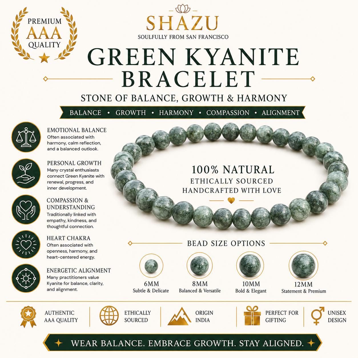May include: A green kyanite beaded bracelet with round, mottled green stones. The image includes text detailing bead size options from 6mm to 12mm, product quality, and metaphysical associations like balance, growth, and harmony for this natural stone.