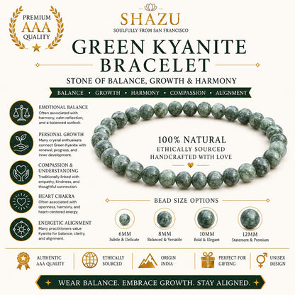 May include: A green kyanite beaded bracelet with round, mottled green stones. The image includes text detailing bead size options from 6mm to 12mm, product quality, and metaphysical associations like balance, growth, and harmony for this natural stone.
