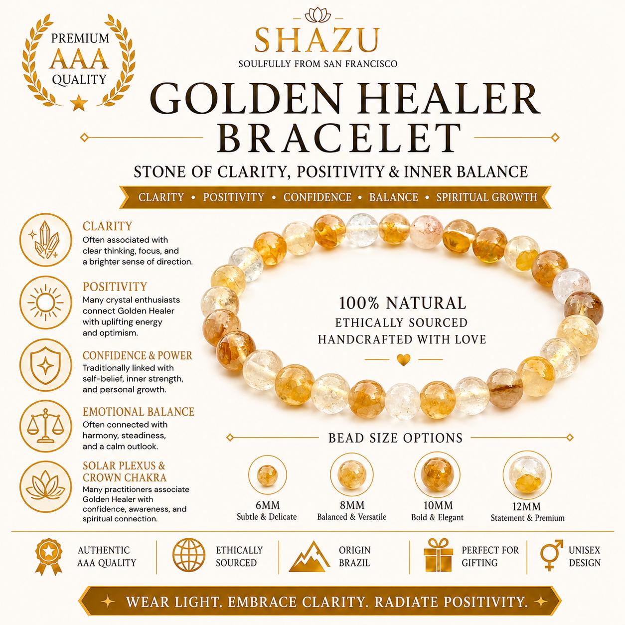 May include: A Golden Healer bracelet featuring round, faceted, translucent yellow and clear beads. The image includes text detailing the product as 100% natural and ethically sourced, with bead size options of 6mm, 8mm, 10mm, and 12mm displayed.