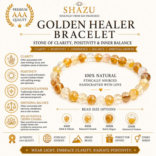 May include: A Golden Healer bracelet featuring round, faceted, translucent yellow and clear beads. The image includes text detailing the product as 100% natural and ethically sourced, with bead size options of 6mm, 8mm, 10mm, and 12mm displayed.