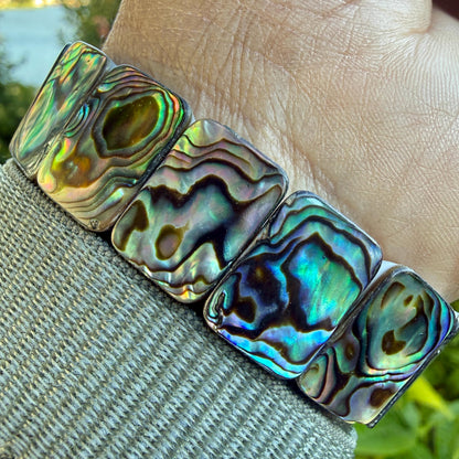 Natural Abalone Shell Bracelet – New Zealand Paua Shell | Rectangular 18x14MM Beads | 6.5 Inch Stretch Bracelet | Abalone Jewelry