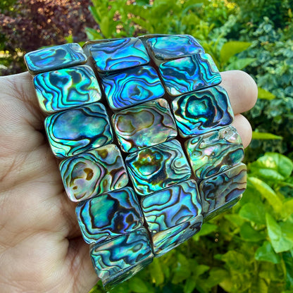 Natural Abalone Shell Bracelet – New Zealand Paua Shell | Rectangular 18x14MM Beads | 6.5 Inch Stretch Bracelet | Abalone Jewelry