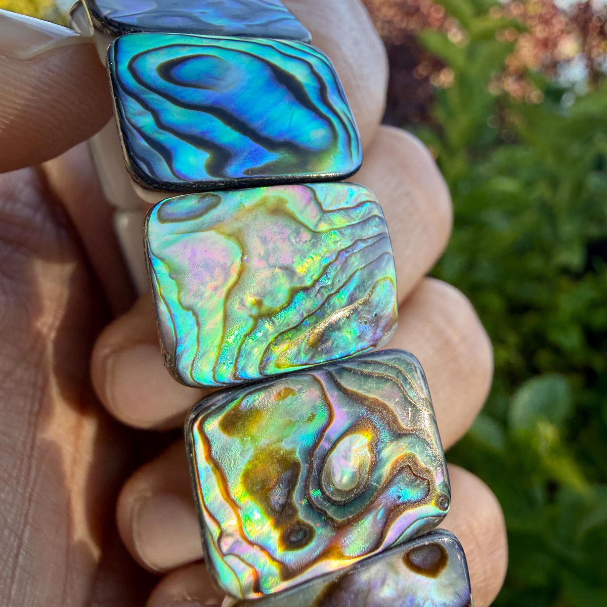 Natural Abalone Shell Bracelet – New Zealand Paua Shell | Rectangular 18x14MM Beads | 6.5 Inch Stretch Bracelet | Abalone Jewelry