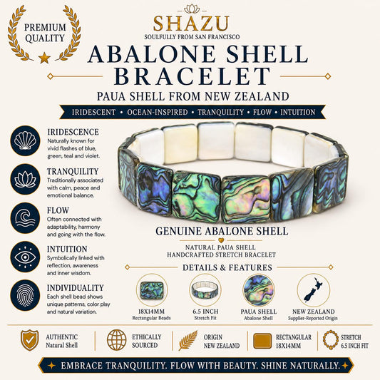 Natural Abalone Shell Bracelet – New Zealand Paua Shell | Rectangular 18x14MM Beads | 6.5 Inch Stretch Bracelet | Abalone Jewelry