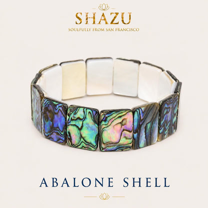 Natural Abalone Shell Bracelet – New Zealand Paua Shell | Rectangular 18x14MM Beads | 6.5 Inch Stretch Bracelet | Abalone Jewelry