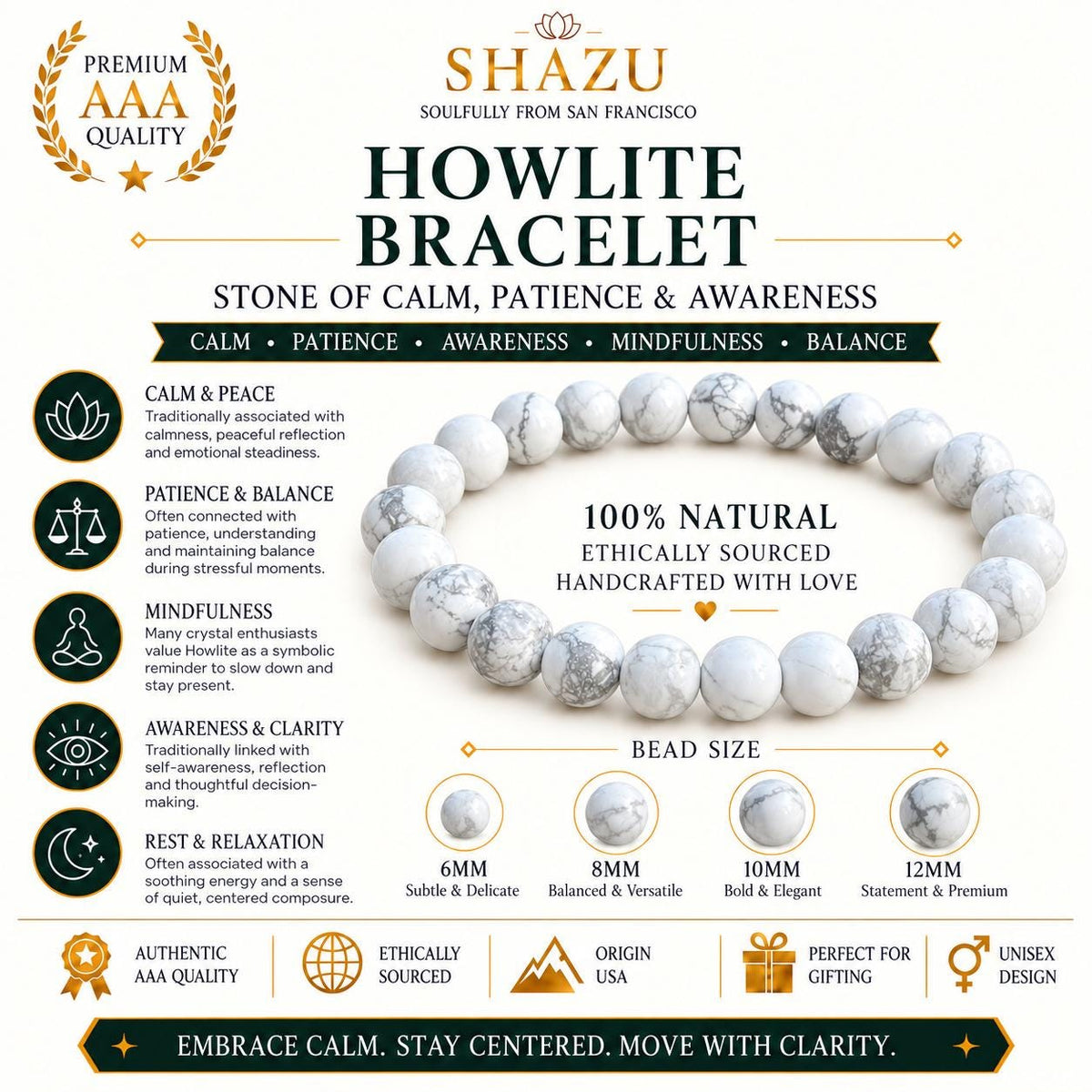 Howlite Round Bead Bracelet — Calm & Patience