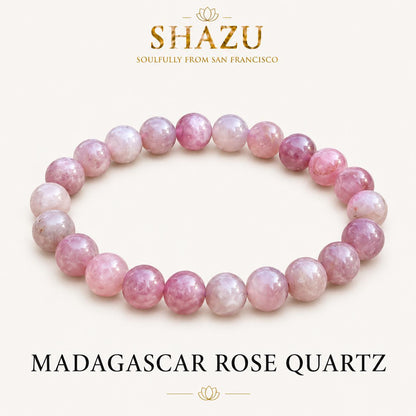 AAA Madagascar Rose Quartz Bracelet – Natural Mauve Rose Quartz Gemstone Jewelry | Lavender Rose Quartz Bracelet