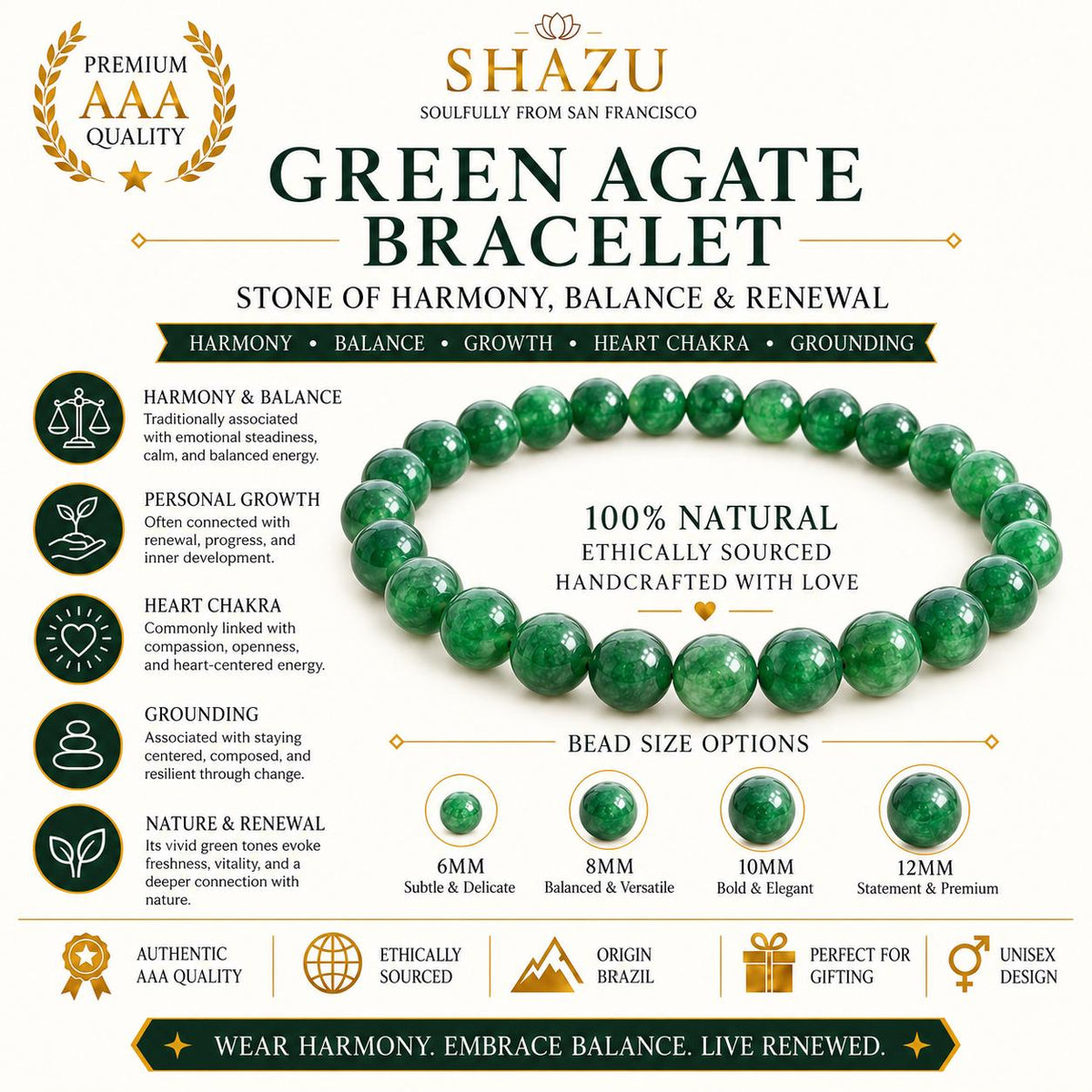 AAA Green Agate Bracelet – Natural Green Agate Gemstone Bracelet | Green Agate Crystal Stretch Bracelet | Green Agate Stone Jewelry