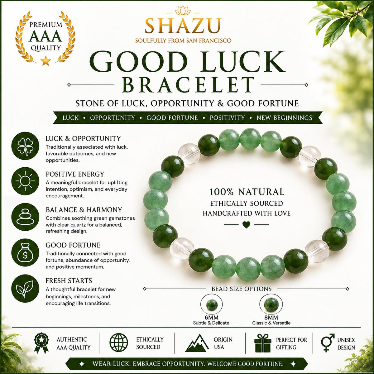Good Luck Bracelet – Green Aventurine, Nephrite Jade & Clear Quartz | Lucky Gemstone Bracelet