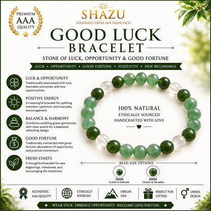 Good Luck Bracelet – Green Aventurine, Nephrite Jade & Clear Quartz | Lucky Gemstone Bracelet