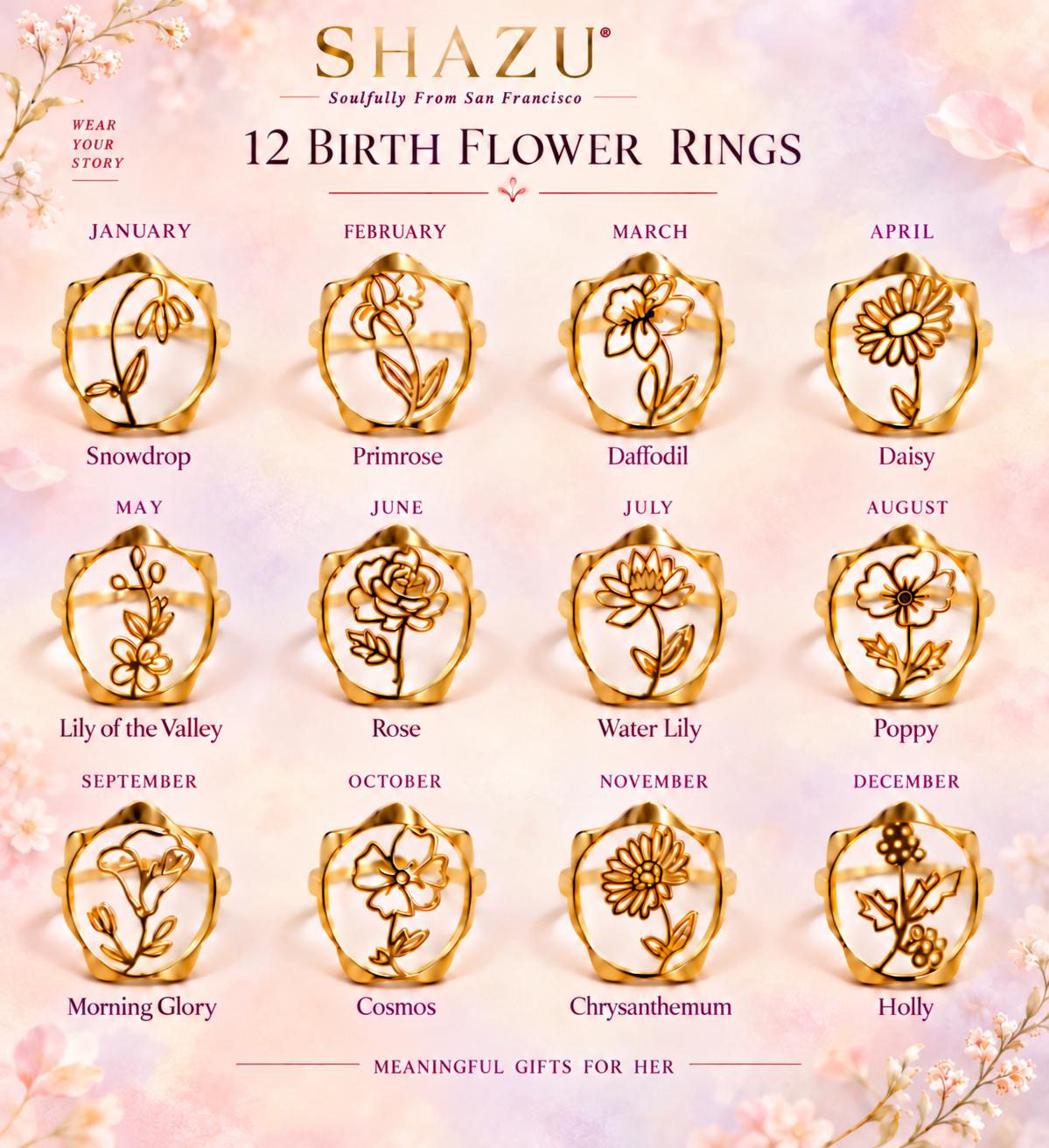 Birth Flower Rings – 18K Gold Plated Adjustable Ring | 12 Birth Month Flowers | Birth Month Jewelry