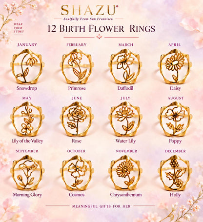Birth Flower Rings – 18K Gold Plated Adjustable Ring | 12 Birth Month Flowers | Birth Month Jewelry