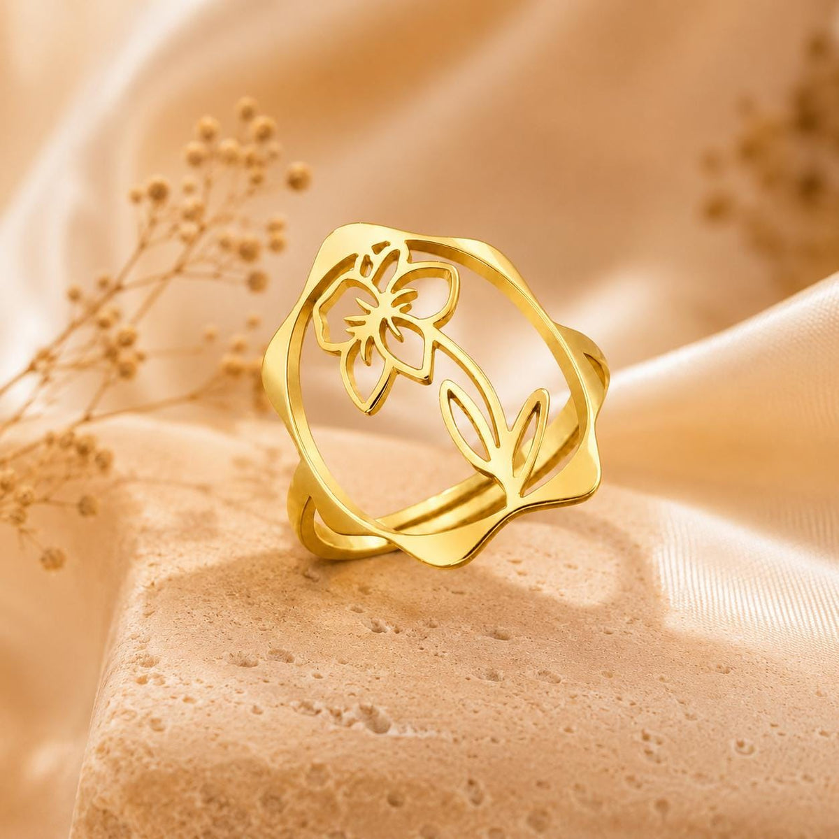 Birth Flower Rings – 18K Gold Plated Adjustable Ring | 12 Birth Month Flowers | Birth Month Jewelry