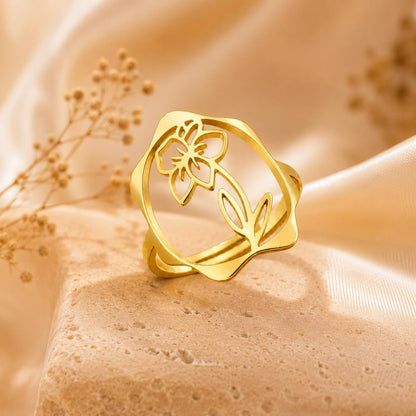 Birth Flower Rings – 18K Gold Plated Adjustable Ring | 12 Birth Month Flowers | Birth Month Jewelry