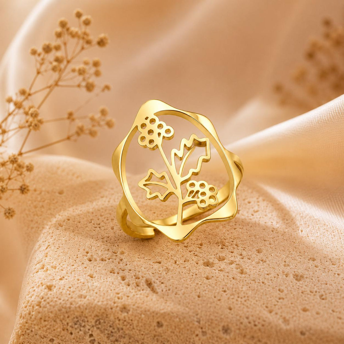 Birth Flower Rings – 18K Gold Plated Adjustable Ring | 12 Birth Month Flowers | Birth Month Jewelry