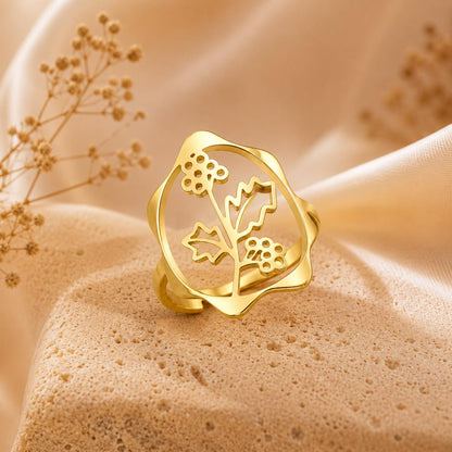 Birth Flower Rings – 18K Gold Plated Adjustable Ring | 12 Birth Month Flowers | Birth Month Jewelry