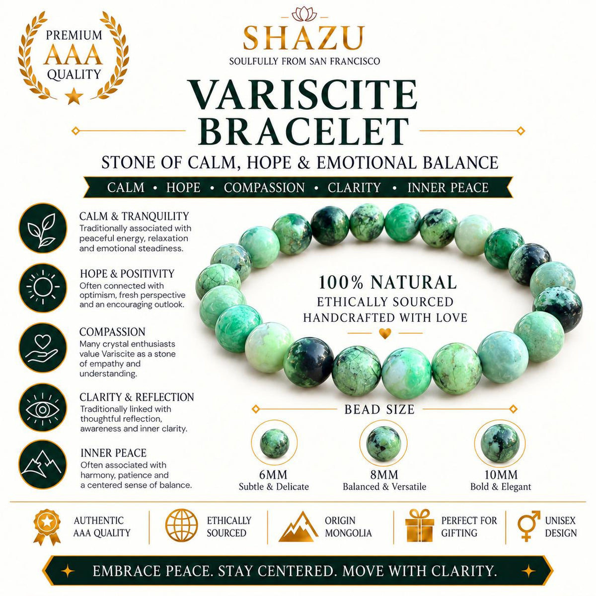 AAA Variscite Bracelet – Natural Green Variscite Stone Bracelet | Genuine Variscite Gemstone Jewelry