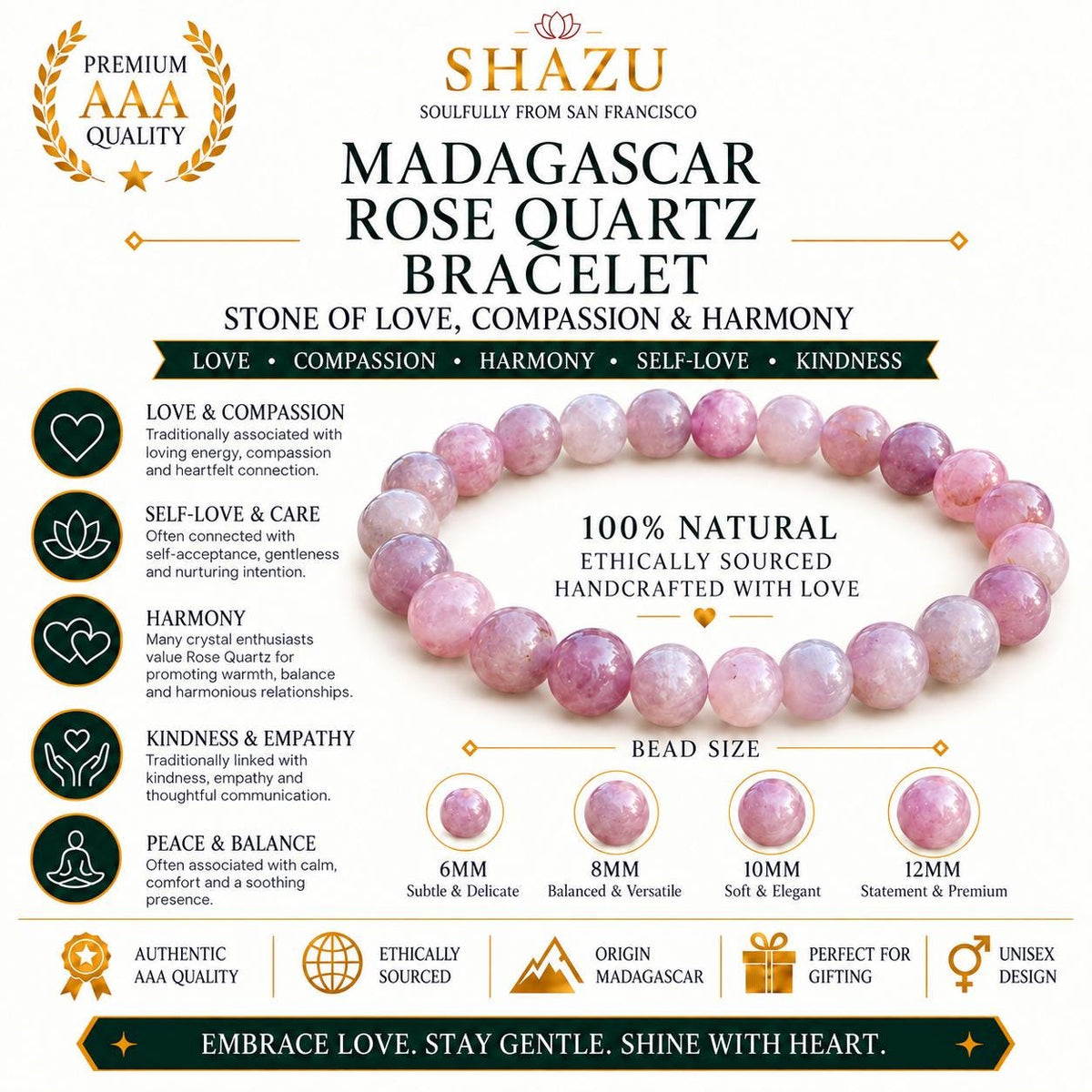 AAA Madagascar Rose Quartz Bracelet – Natural Mauve Rose Quartz Gemstone Jewelry | Lavender Rose Quartz Bracelet