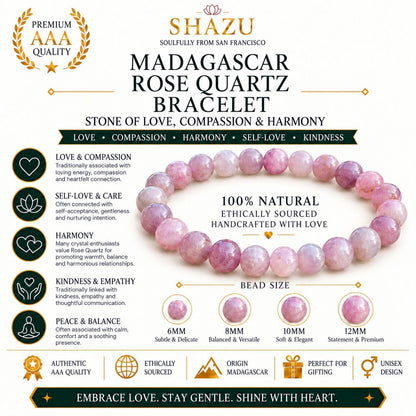 AAA Madagascar Rose Quartz Bracelet – Natural Mauve Rose Quartz Gemstone Jewelry | Lavender Rose Quartz Bracelet