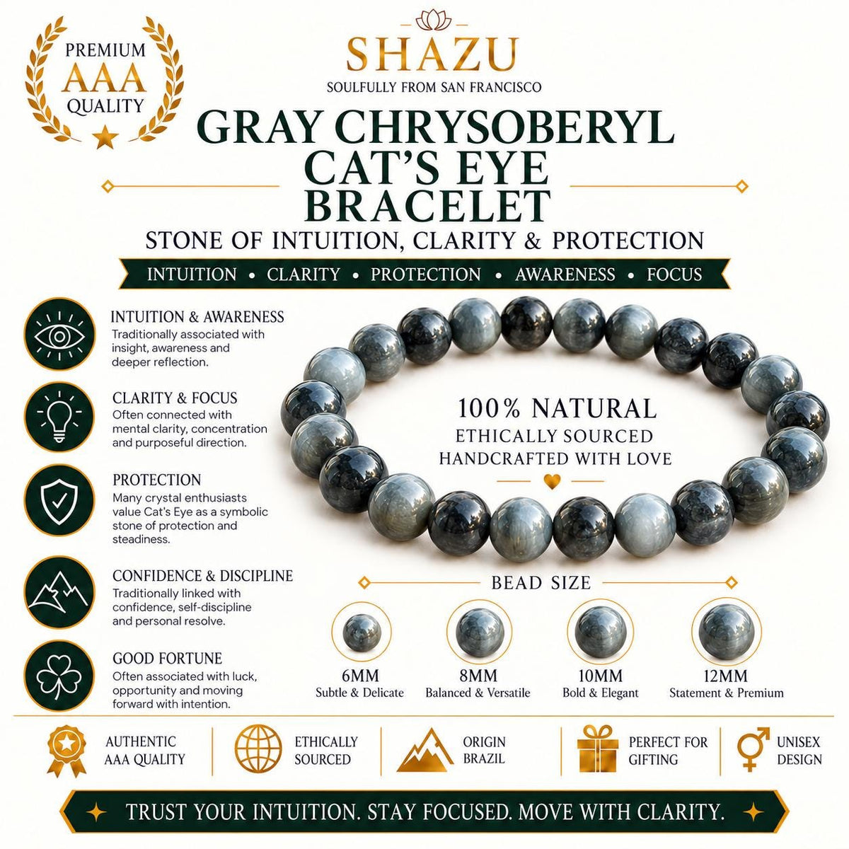 AAA Gray Chrysoberyl Cats Eye Bracelet – Natural Cat Eye Stone Bracelet | Chatoyant Chrysoberyl Gemstone Jewelry