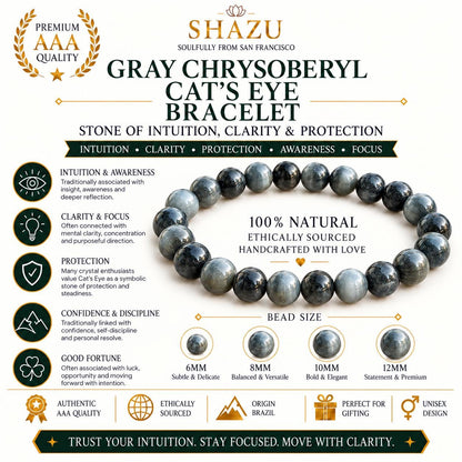 AAA Gray Chrysoberyl Cats Eye Bracelet – Natural Cat Eye Stone Bracelet | Chatoyant Chrysoberyl Gemstone Jewelry