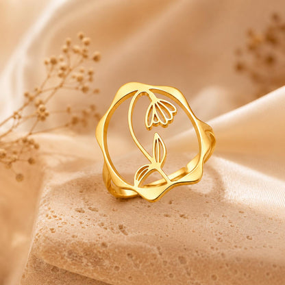 Birth Flower Rings – 18K Gold Plated Adjustable Ring | 12 Birth Month Flowers | Birth Month Jewelry