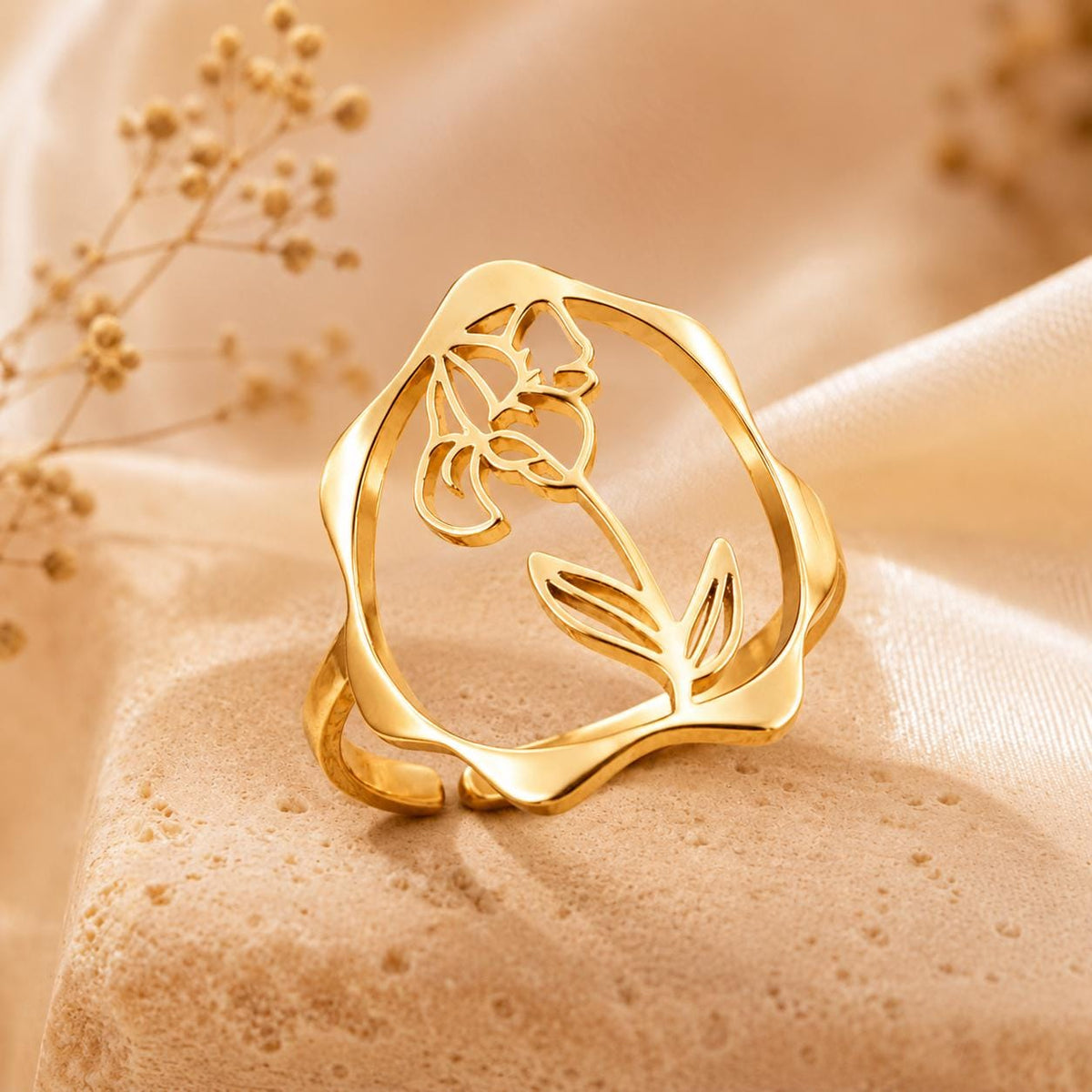 Birth Flower Rings – 18K Gold Plated Adjustable Ring | 12 Birth Month Flowers | Birth Month Jewelry
