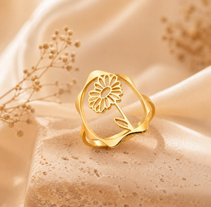 Birth Flower Rings – 18K Gold Plated Adjustable Ring | 12 Birth Month Flowers | Birth Month Jewelry