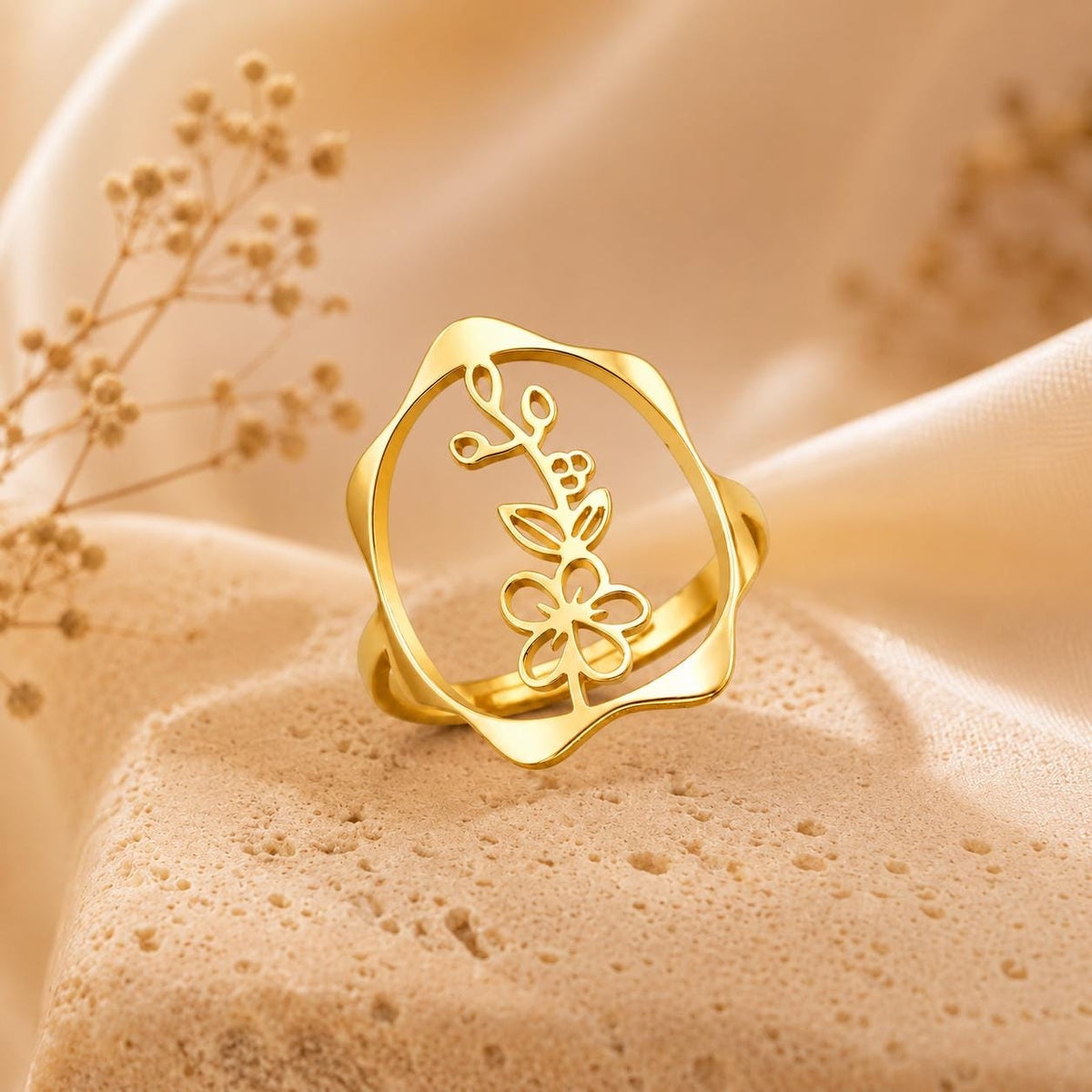 Birth Flower Rings – 18K Gold Plated Adjustable Ring | 12 Birth Month Flowers | Birth Month Jewelry