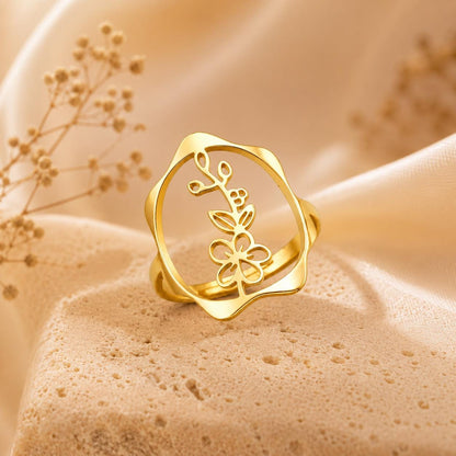 Birth Flower Rings – 18K Gold Plated Adjustable Ring | 12 Birth Month Flowers | Birth Month Jewelry