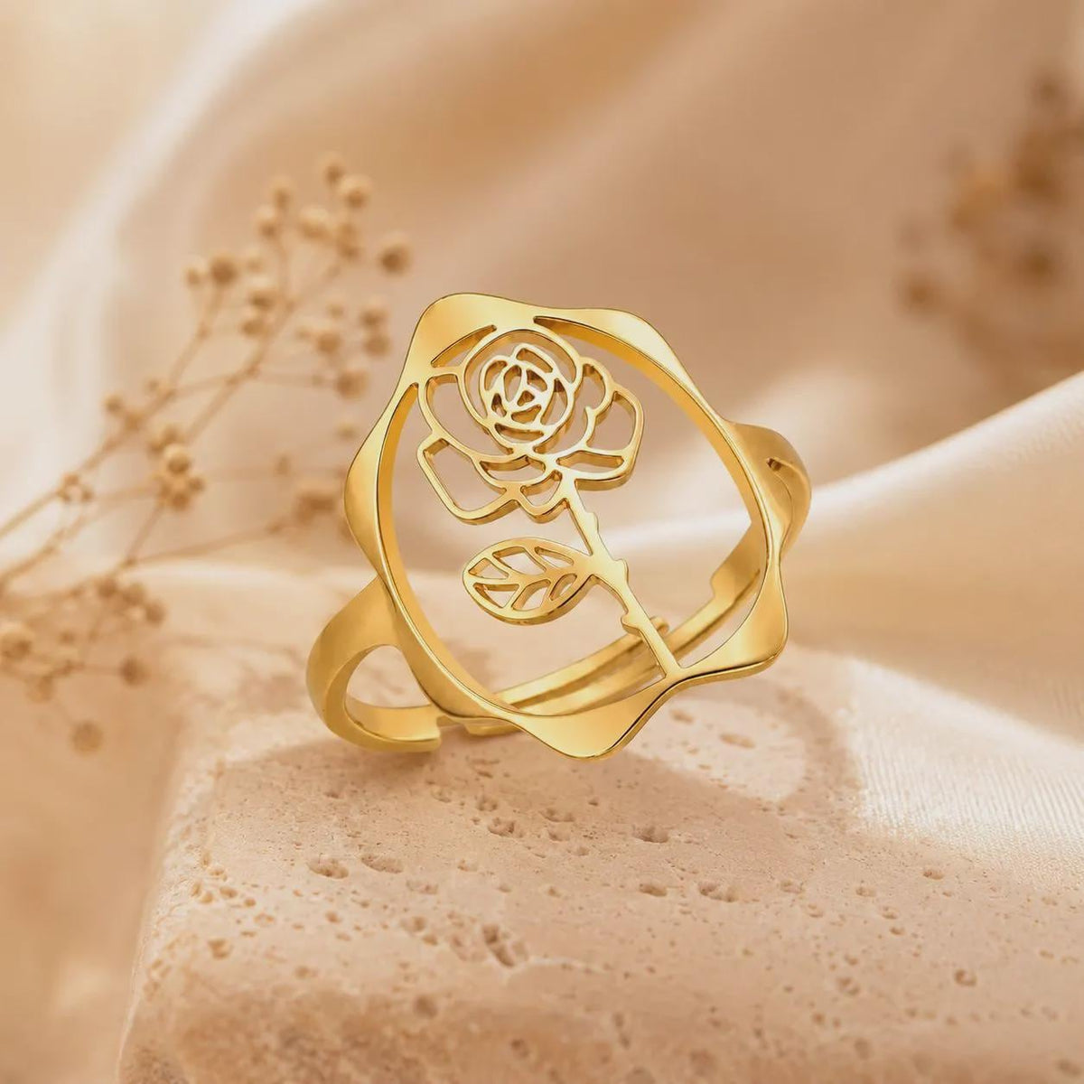 Birth Flower Rings – 18K Gold Plated Adjustable Ring | 12 Birth Month Flowers | Birth Month Jewelry