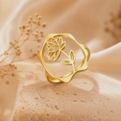 Birth Flower Rings – 18K Gold Plated Adjustable Ring | 12 Birth Month Flowers | Birth Month Jewelry
