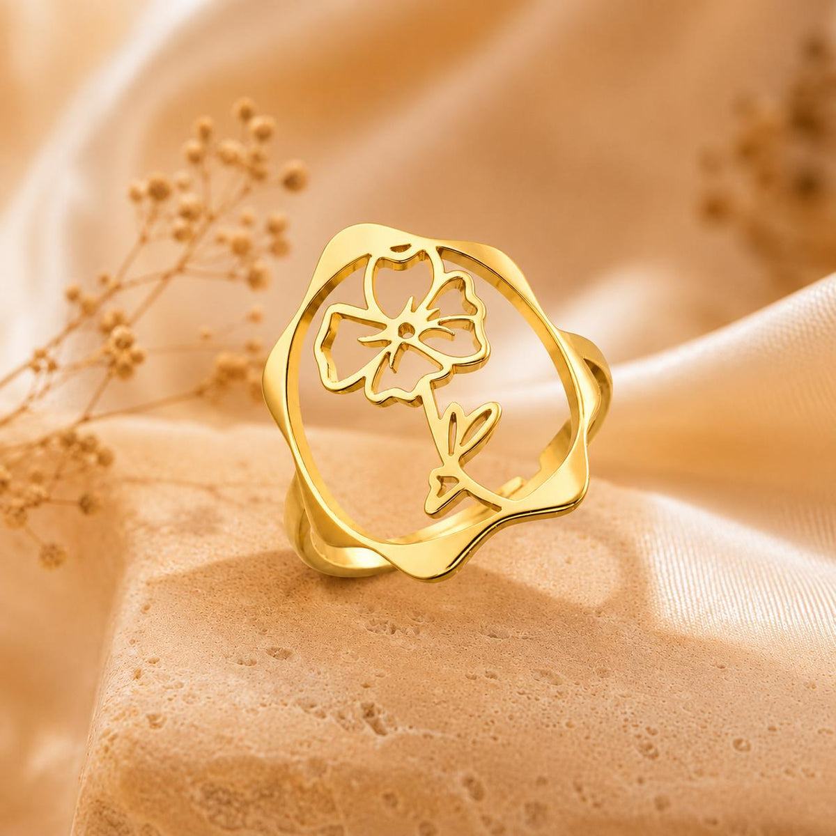 Birth Flower Rings – 18K Gold Plated Adjustable Ring | 12 Birth Month Flowers | Birth Month Jewelry