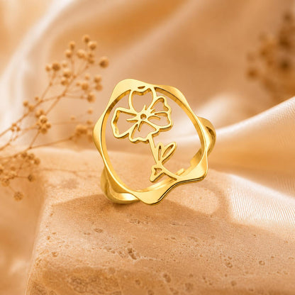 Birth Flower Rings – 18K Gold Plated Adjustable Ring | 12 Birth Month Flowers | Birth Month Jewelry