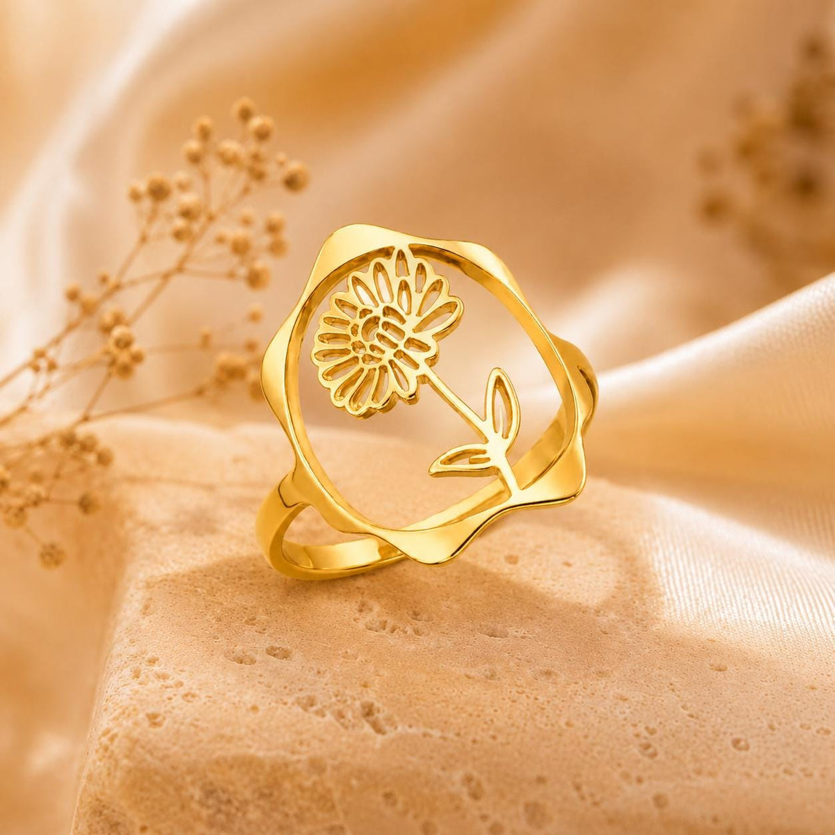 Birth Flower Rings – 18K Gold Plated Adjustable Ring | 12 Birth Month Flowers | Birth Month Jewelry