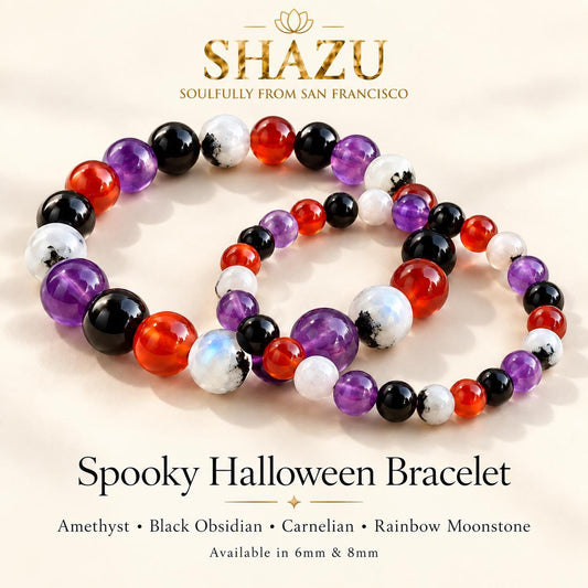 Spooky Halloween Bracelet – Amethyst, Carnelian, Black Obsidian & Rainbow Moonstone | Spooky Season Jewelry