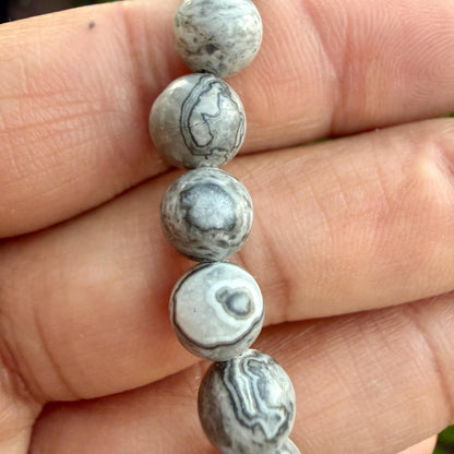 Picasso Jasper Bracelet – Gray Picasso Jasper Beaded Bracelet | Natural Picasso Marble | Spiderweb Pattern Stone Stretch Bracelet