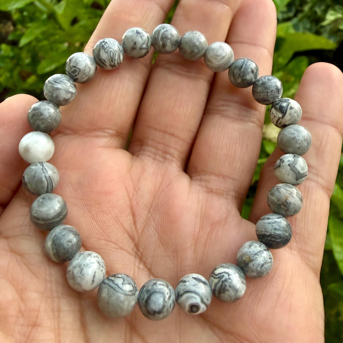 Picasso Jasper Bracelet – Gray Picasso Jasper Beaded Bracelet | Natural Picasso Marble | Spiderweb Pattern Stone Stretch Bracelet
