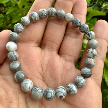 Picasso Jasper Bracelet – Gray Picasso Jasper Beaded Bracelet | Natural Picasso Marble | Spiderweb Pattern Stone Stretch Bracelet