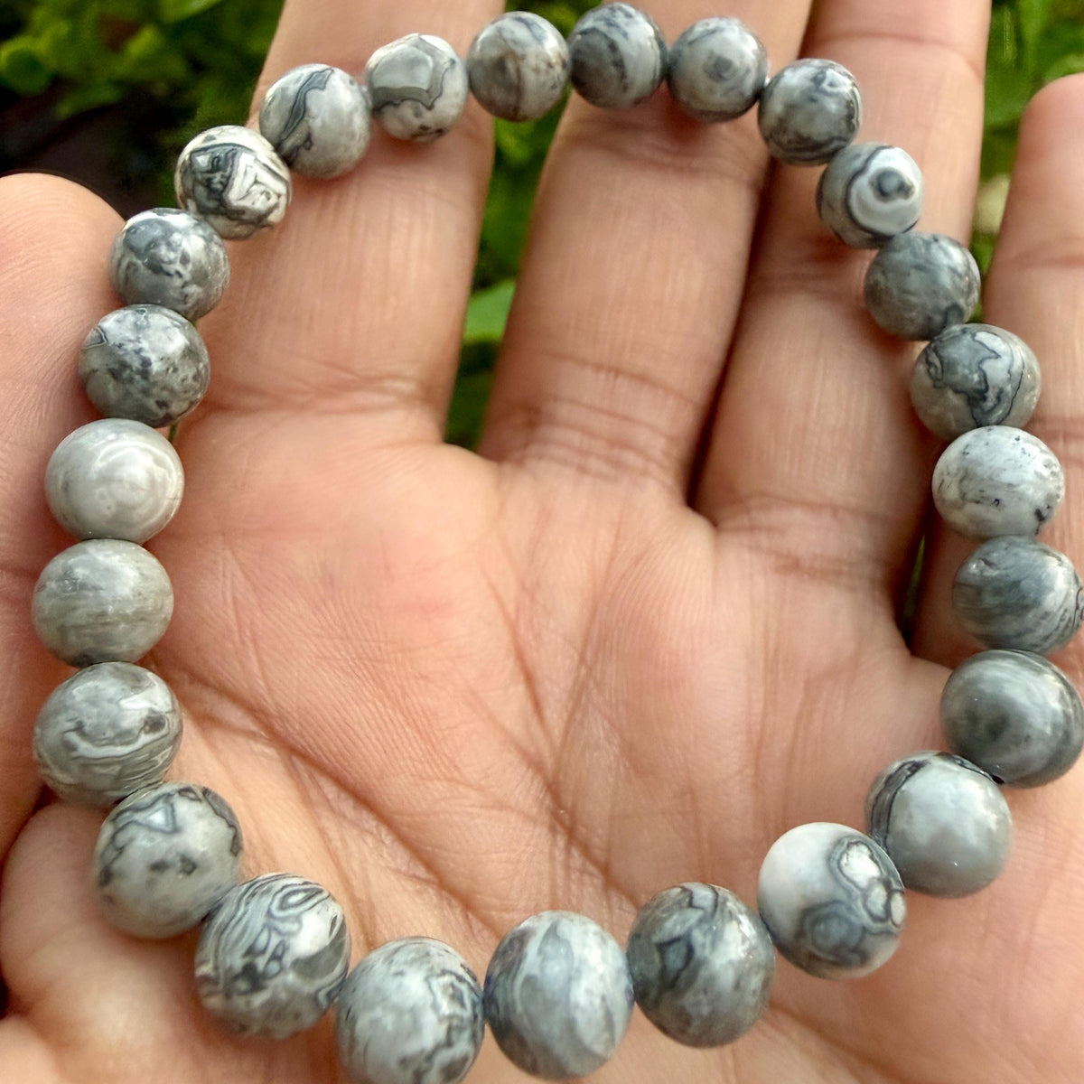 Picasso Jasper Bracelet – Gray Picasso Jasper Beaded Bracelet | Natural Picasso Marble | Spiderweb Pattern Stone Stretch Bracelet