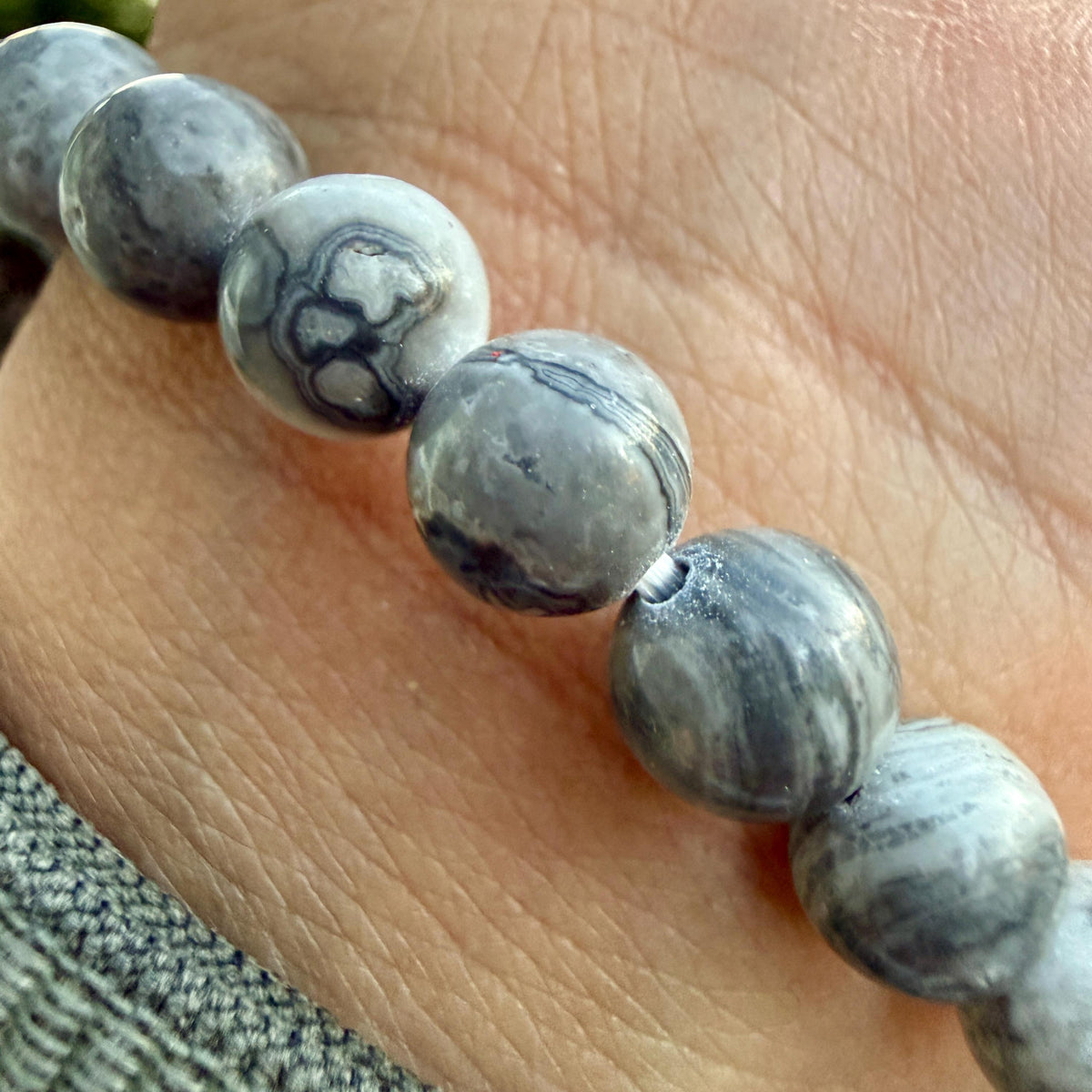 Picasso Jasper Bracelet – Gray Picasso Jasper Beaded Bracelet | Natural Picasso Marble | Spiderweb Pattern Stone Stretch Bracelet